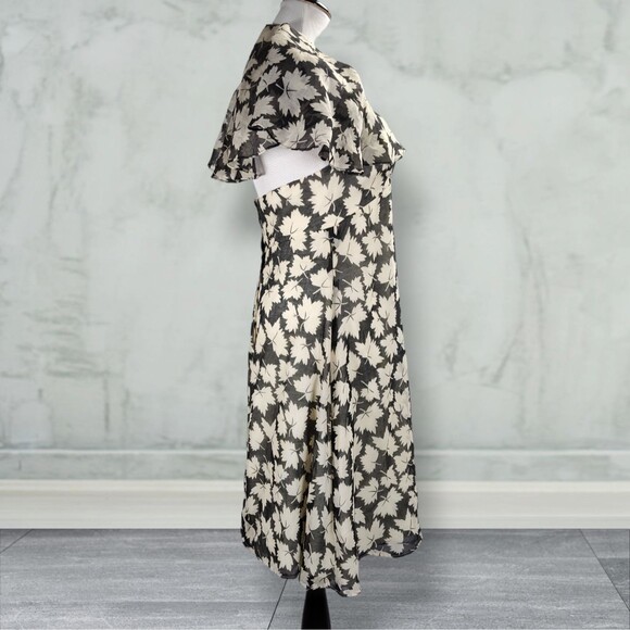 Vintage 70s Backless Halter Midi Dress Size 6 Black Leaf Print Neck Drape - Picture 4 of 15